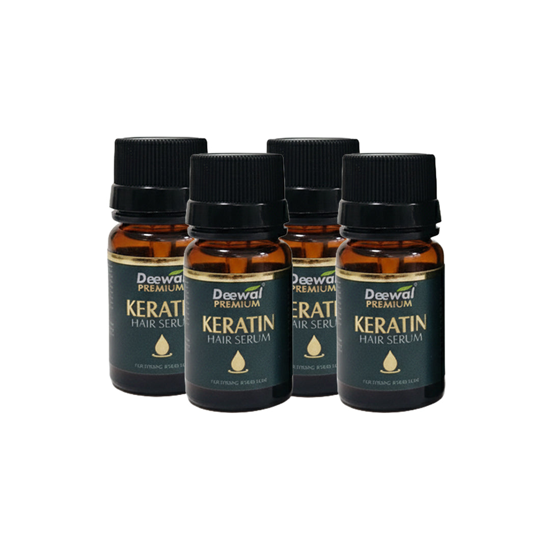 Five bottles of Deewal Premium Keratin Hair Serum on a white background