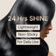 Woman with straight black hair with text highlighting 24-hour shine, lightweight, non-sticky properties.
